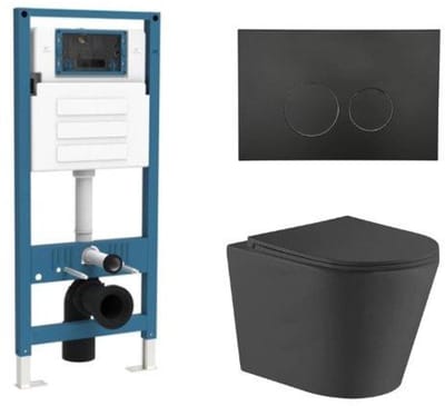 QeramiQ Dely Toiletset - inbouwreservoir Qeramiq Flush - slim zitting - kunststof mat zwarte bedieningsplaat - ronde knoppen - mat zwart
