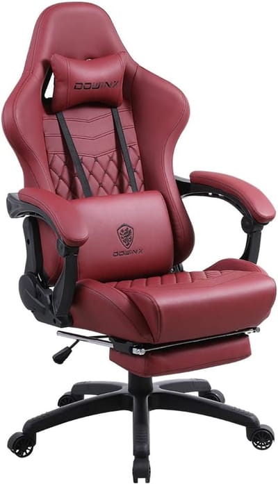 Dowinx Luxe Gamingstoel - Ergonomische Bureaustoel - PU - Massage-Lendensteun, Voetsteun, Verstelbare Rugleuning 90°-170°, Tot 200 kg - Bordeaux