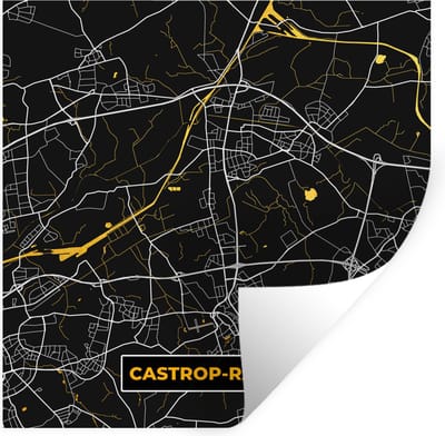 Muurstickers - Sticker Folie - Black and Gold – Stadskaart – Castrop Rauxel – Duitsland – Plattegrond – Kaart - 100x100 cm - Plakfolie - Muurstickers Kinderkamer - Zelfklevend Behang XXL - Zelfklevend behangpapier - Stickerfolie