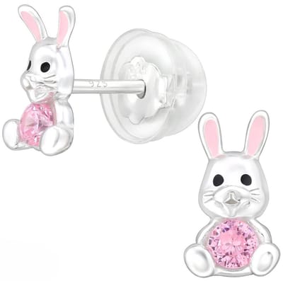 Joy|S - Zilveren konijn oorbellen - zirkonia - met roze oortjes en roze zirkonia - 4.9 x 8.5 mm - sterling zilver 925 - kinderoorbellen met siliconen vlinder sluiting