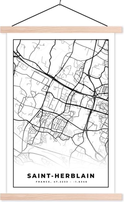Posterhanger incl. Poster 40x60 cm - Schoolplaat - Kaart - Plattegrond - Saint-Herblain - Frankrijk - Stadskaart - Zwart wit - Textielposter - Blanke latten - Stadskaart