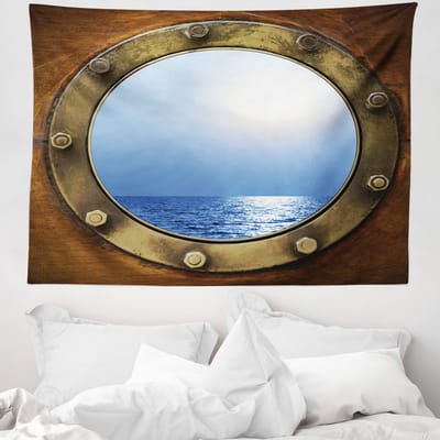 ABAKUHAUS Scheepswandtapijt en sprei, thema havenschipraam, 150 x 110 cm, bruinblauw aardegeel