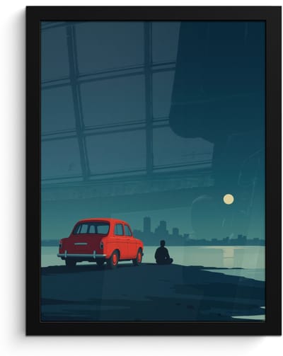 Poster in lijst - Fotolijst 30x40 cm - Posters - Auto - Volle maan - Uitkijkend over water - Posterlijst zwart - Decoratie - Wanddecoratie woonkamer - Muurdecoratie slaapkamer