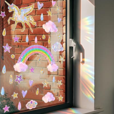 Regenboog Eenhoorn raamstickers, statische regenboogstickers voor op het glas, wolkvormige stickers, anti-botsingsstickers met vogels, raamdecoratie voor keuken, eetkamer en slaapkamer| Cyslmuk®