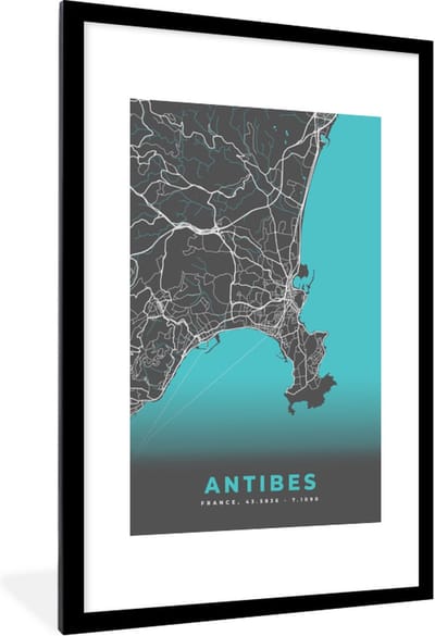 Fotolijst incl. Poster - Antibes - Frankrijk - Plattegrond - Kaart - Stadskaart - 80x120 cm - Posterlijst