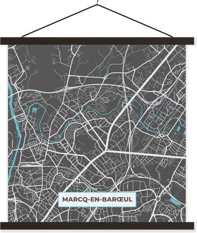 Posterhanger incl. Poster 60x60 cm - Schoolplaat - Marcq-en-Barœul - Stadskaart - Kaart - Plattegrond - Frankrijk - Textielposter - Zwarte latten - Stadskaart