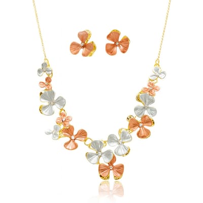 Elegante rood-blauw-gouden ketting en oorbellen set met drieblaadse bloem en fonkelende strass