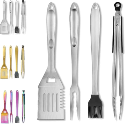 Allecto Plus - Grill accessoireset voor buiten BBQ Camping Teppanyaki - 4 delig - Roestvrij staal - Hittebestendig - Bakelieten handvat