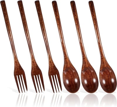 Set van 6 Houten Vorken en Lepels, Herbruikbare Camping Keuken Gereedschappen, Duurzame Keukenaccessoires voor Eten en Koken