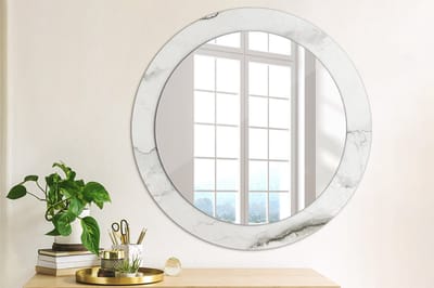 Wallfluent Bedrukte Ronde Spiegel - Ronde Spiegel Met Bedrukte Lijst Wit Marmer - 70 cm / 56 cm - Wit - Wit Ronde Spiegel Met Decoratie - Woonkamerspiegel - Inloopkastspiegel - Hal - Wandmontage