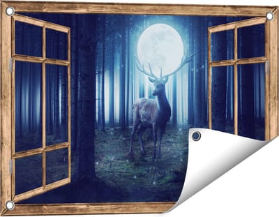 Gards Tuinposter Doorkijk Hert in het Bos tijdens Volle Maan - 60x40 cm - Tuindoek - Tuindecoratie - Wanddecoratie buiten - Tuinschilderij