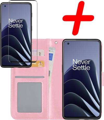 Hoesje Met Screenprotector - Geschikt voor OnePlus 10 Pro - Luxe Pasjeshouder - Bookcase Portemonee - Flip Case - Kunstleer Book Case - Flipcase - Book Cover - Walletcase - Portemonneehoes - Lichtroze