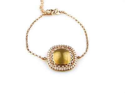 model Carre armband in zilver roze verguld met tussenstuk honingkleurige cabochon en cubic zirconia