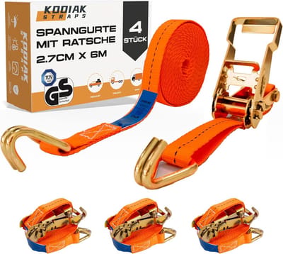 4x Spanbanden met Ratel en Haken - 6m x 1500kg - Sterke Zekeringsbanden - Oranje - TÜV/GS Gecertificeerd