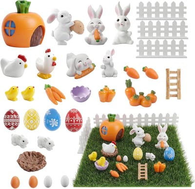 Miniatuur Konijnen Figuren - Paas Decoratie Set - Tuin en Huis - 32 Delig Weerbestendig Hars