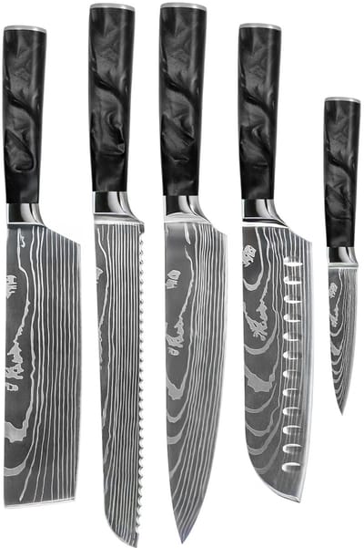 Shinrai Knives - Damascus Print Epoxy Onyx 5-delige Messenset - Koksmes + Broodmes + Nakiri + Santoku + Schilmes - Koksmes - Vleesmes - Hakmes