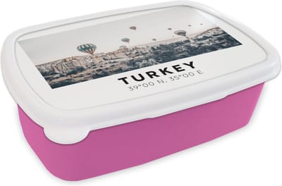 Broodtrommel Roze - Lunchbox - Brooddoos - Turkije - Cappadocië - Luchtballon - Bergen - 18x12x6 cm - Kinderen - Meisje