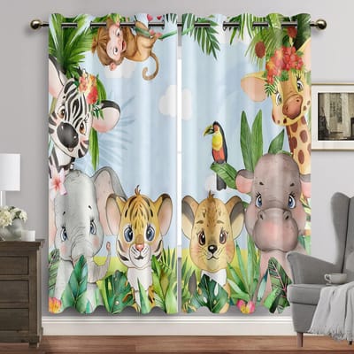 Cartoon Dieren Raamgordijn Woonkamer Aquarel Konijn Beer Zeilringen Gordijnen Maanprint Nieuwe Babykamer Draperieën Gratis Verzending W60H60(CM)x2pcs&Grommet Top white