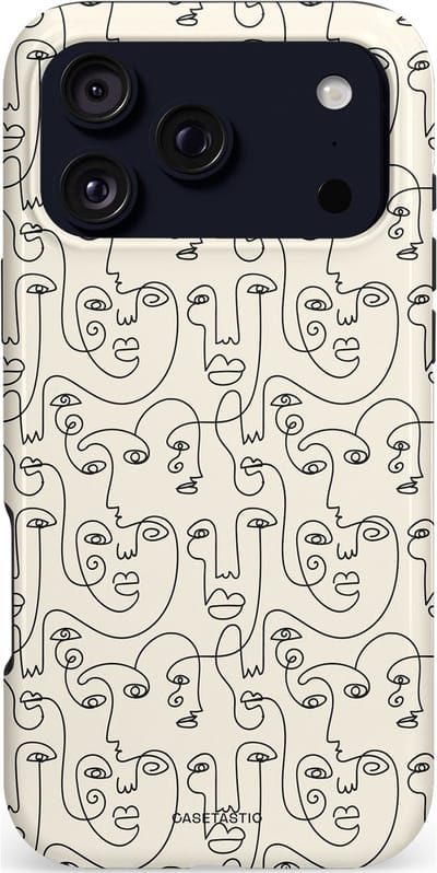 Casetastic hoesje geschikt voor Apple iPhone 17 Pro Max - MagSafe - Dubbellaagse bescherming - Art Deco Creme Abstractie Lijntekening Gezichten - Fashion Case - Zilver Crème Wit