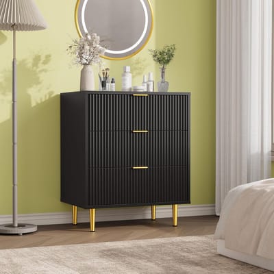 Ladekast met 3 Lades - Moderne Commode met Geribbelde Voorkant - Gouden Handgrepen & Metalen Poten - Voor Slaapkamer, Woonkamer en Hal - Zwart