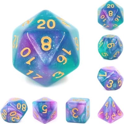 Polyset Dice | Dobbelstenen - Set Van 7 Stuks - Paars Blauw Groen Turqoise Glitters en Goud | Polydice | Voor D&D en Andere Rollenspellen | Plastic Dobbelstenen Set voor Dungeons and Dragons | Polyhedral Dice Set | Zwarte Velvet Dice Bag voor 3 Sets