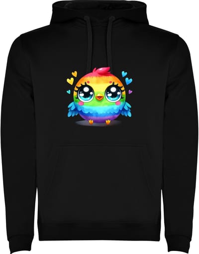 Zwarte Hoodie Kleurrijke Dromerige Vogel - Schattig - Vol van kleur met Hartjes - Cartoon - Humor Maat M