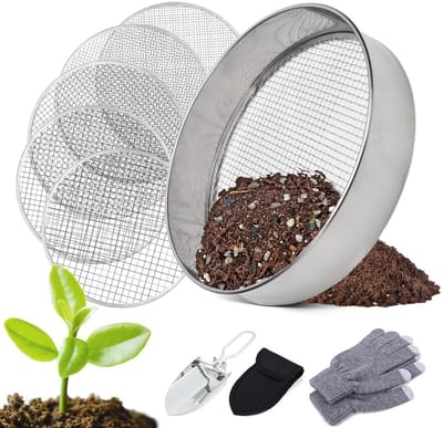 Dailygoods- Tuinzeef 5-in-1 - Ronde Zeef - Grondzeef - Zandzeef - Compostzeef - Roestvrij Staal - Inclusief Handschep en Handschoenen