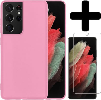 Hoesje - Met Screenprotector - Geschikt voor Samsung Galaxy S21 Ultra - Sterk & Shockproof - Telefoon Hoes - Back Cover - Siliconen Case - Telefoonhoes - Lichtroze