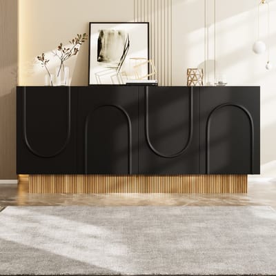REDOM - Dressoirkast - 4 Deuren - U-Vormig Reliëf - Modern - Woonkamer Of Eetkamer - Spaanplaat - Zwart Met Houtlook - 160 x 75 x 38 cm