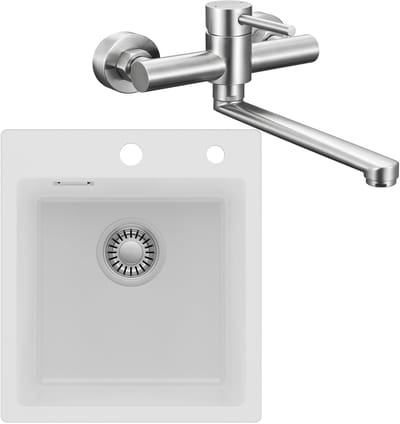Auralum max Spoelbak Keuken 40x45CM - Spoelbakken Graniet Met Keukenkraan voor Wandmontage Waterkraan - Enkele spoelbak Wit - Met waterafvoersysteem - Voor 40 cm kast