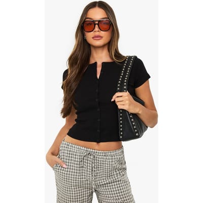 boohoo Dames Geribbelde top met door-de-knop capmouw | Zwart | Maat: 36