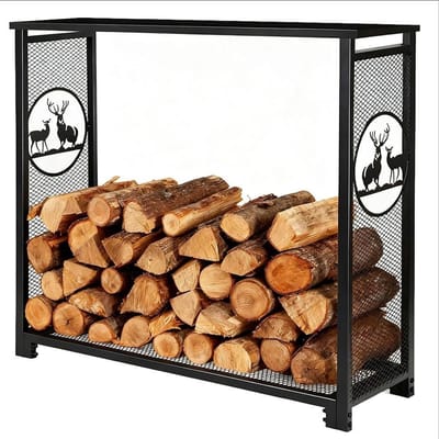 Metalen Houtbak - Houtopslag Rek - Haardhout Opslaan - Smeedijzeren Constructie - 120 cm Hoog - Zwart
