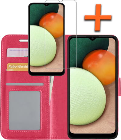 Hoes - Met Screenprotector - Geschikt voor Samsung Galaxy A02s - Luxe Pasjeshouder - Bookcase Portemonee - Flip Case - Kunstleer Book Case - Flipcase - Book Cover - Walletcase - PortemonneeHoes - Donkerroze
