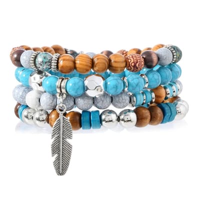 Sorprese Armband - Horizon - 4-Delige Kralenarmband Set - Heren & Dames - Natuursteen & Hout - Met Veer Hanger - Model P