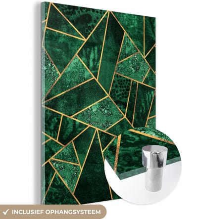 MuchoWow® Glasschilderij 120x160 cm - Schilderij acrylglas - Smaragd - Goud - Abstract - Patronen - Foto op glas - Schilderijen