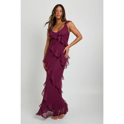 boohoo Dames Chiffon ruche bandjes maxi-jurk | Wijn | Maat: 38