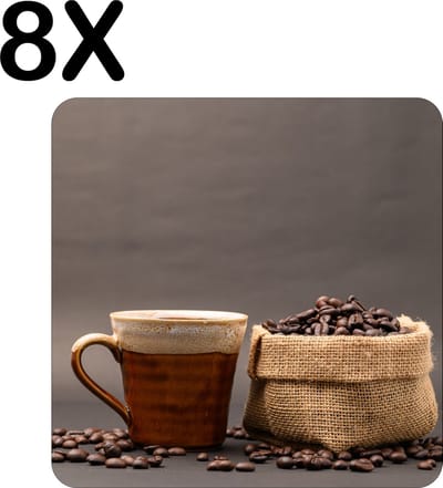 Luxe Placemat - Koffie met Koffiebonen Zakje - Set van 8 Placemats - 50x50 cm - 2 mm dik Vinyl - Anti Slip - Afneembaar