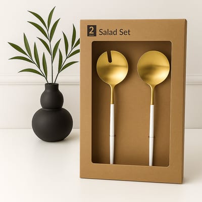 Mevaz 2-delige Saladebestek Set – Goud met Wit Handvat – Roestvrijstaal – Luxe Salade Lepels & Vork – 25 cm