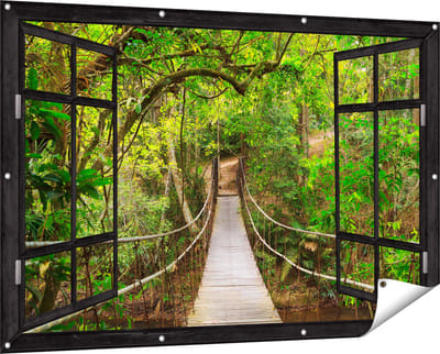 Gards Tuinposter Doorkijk Hangbrug - 150x100 cm - Tuindoek - Tuindecoratie - Wanddecoratie buiten - Tuinschilderij