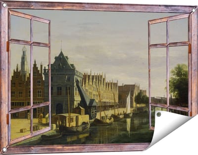 Gards Tuinposter Doorkijk De Waag en de Kraan aan het Spaarne te Haarlem - Gerrit Adriaensz Berckheyde - 90x60 cm - Tuindoek - Tuindecoratie - Wanddecoratie buiten - Tuinschilderij