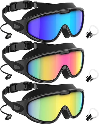 3 Stuks Breed Zicht Zwembrillen met Oordopjes Neusklemmen - Anti Mist UV Bescherming Gespiegelde Zwembril - Lekvrije Zachte Siliconen Zwemmasker voor Volwassen Mannen Vrouwen Jeugd Zwembad Strand Watersport