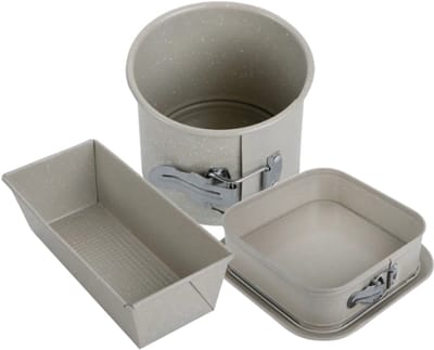 Bakvormen Set - Cakepan - 3-Delig Bakvormen Set - 26 x 11.5 x 7.5 cm Rechthoekige Baktray + Ø12cm Ronde Cakepan + 27.5cm Vierkante Bakvorm - Carbon Staal - Marmeren Anti-aanbaklaag - Beige-Grijs