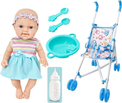 Peuterpop met kinderwagen - Poppen set - Fantasiespel - Inclusief accessoires - 10 Inch pop - Blauw