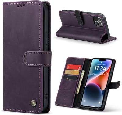 Casemania Echt Leren Hoesje Geschikt voor Apple iPhone 14 - Paars - Leer Wallet Hoes - Portemonnee Book Cover met Pasjeshouder