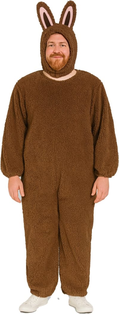 Joya Party® Bunny / Konijn Verkleedpak Heren | Grappig Verkleed Kostuum Mannen | Warme Fluffy Onesie | Carnaval & Themafeest | Humor Verkleed Pak Man | Verkleedkostuum Konijn Inclusief Konijnenmuts | Bruin | Maat M/L