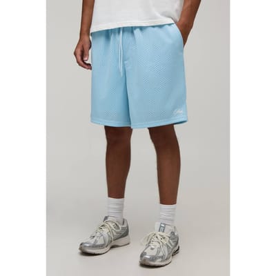 Wijdvallende Mesh Jersey Short Voor Heren Met Script Opdruk | Blue | Size XS