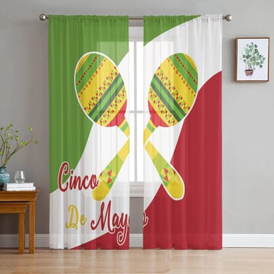 Mexico Cinco De Mayo Viering Tule Gordijn Home Office Raam Decoratie Slaapkamer Keuken Balkon Moderne Doorzichtige Gordijn 135W x 114H(cm) brown