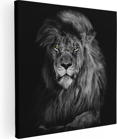 Artaza Canvas Schilderij Leeuw - 90x90 cm - Wanddecoratie Dieren - Muurdecoratie Leeuwenkop - Schilderijen Op Canvas Zwart Wit
