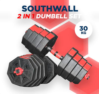 SOUTHWALL Dumbbells Set Verstelbaar tot 30kg – Verstelbare Halterset – Fitness Stang – Fitness Gewichten Set – Professionele 2-in-1 Dumbbellset – Gebruiksvriendelijk – Multifunctioneel – Dumbell set 30 kg – Rood/Zwart