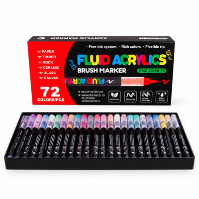 Direct-vloeibare acrylmarkers - doos met 72 kleuren - zachte punt, zonder drukken, watervast en geschikt voor lagen - basisverpakking